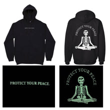 Load image into Gallery viewer, Glow-in-the-Dark Protect your Peace Skeleton Hoodie
